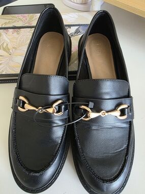 LOFT Black Loafers with Gold Horsebit Accent